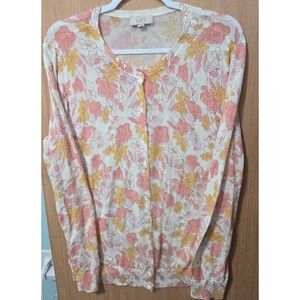 Loft Outlet Size Large Cardigan‎ Sweater Floral Print Button Down Peach Yellow